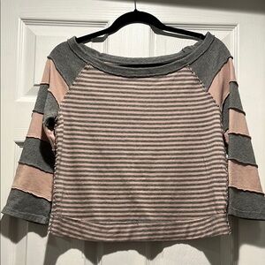 Free People Pink Gray Boxy Crop 3/4 Sleeve Tee